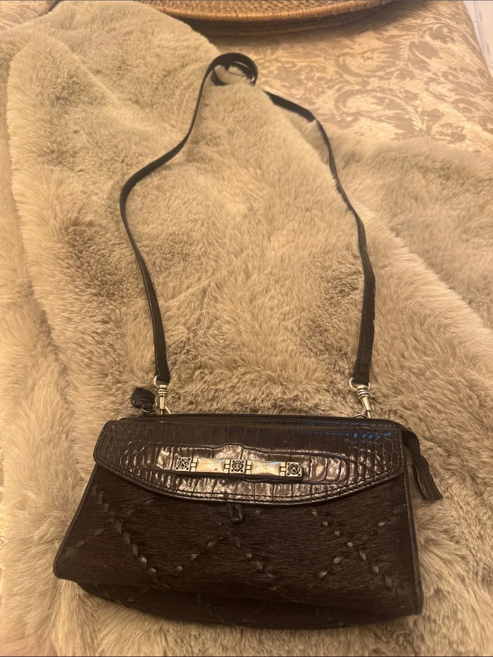 Vintage  Brighton Black Leather & Haircalf Crossbody with Silver Hardware